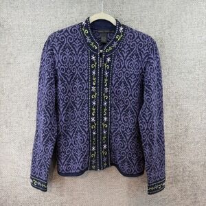 Nomadic Traders Womens Small Purple Cotton Blend Floral Embroidered Zip Cardigan